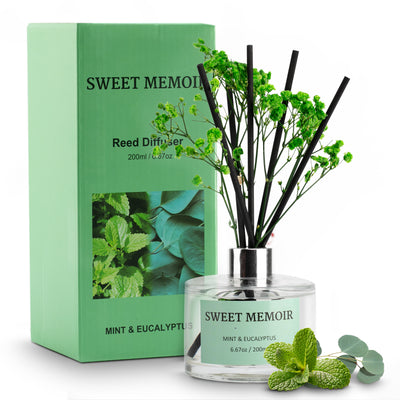 Sweet Memoir Mint & Eucalyptus Reed Diffuser 200ml with fresh green leaves and black reed sticks against a vibrant green box.