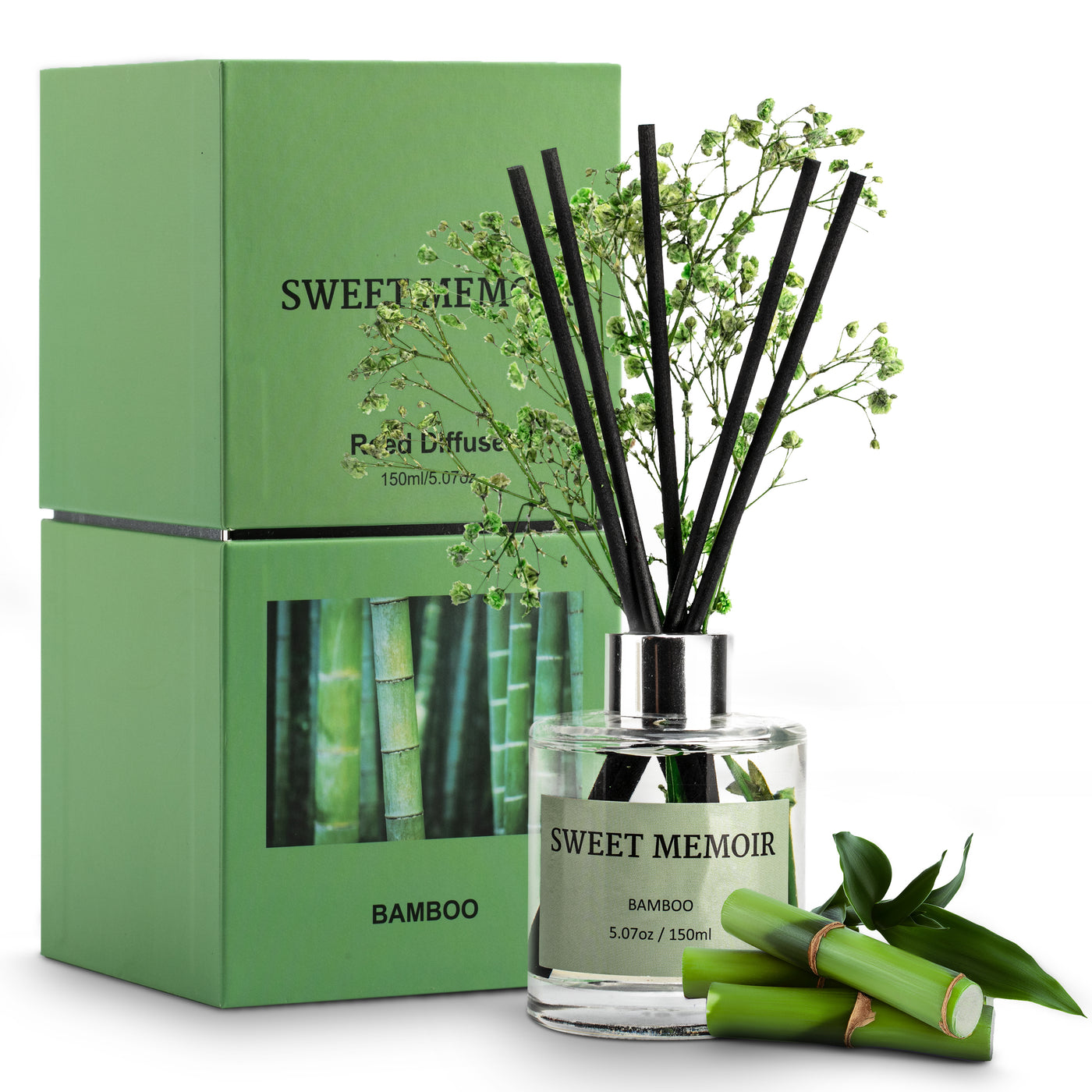 Sweet Memoir Bamboo Zen Reed Diffuser 150ml in clear glass bottle with green bamboo sticks, accompanied by a decorative green box.