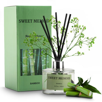 Sweet Memoir Bamboo Zen Reed Diffuser with fresh green bamboo scent, 200ml clear glass bottle with black reeds, packaged in a vibrant green box with bamboo stem imagery.