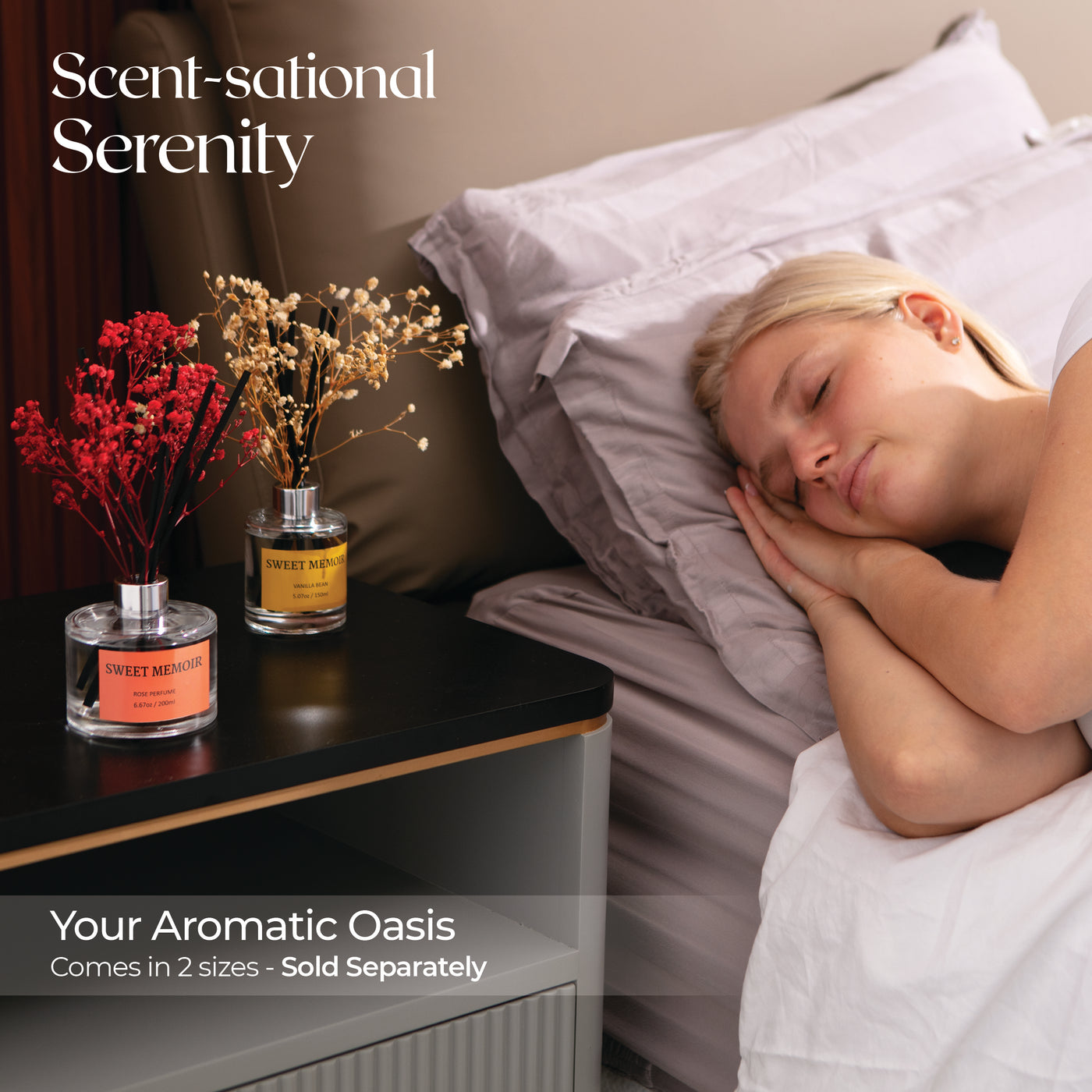 Woman peacefully sleeping with Sweet Memoir reed diffuser on the nightstand, offering a soothing scent for relaxation.