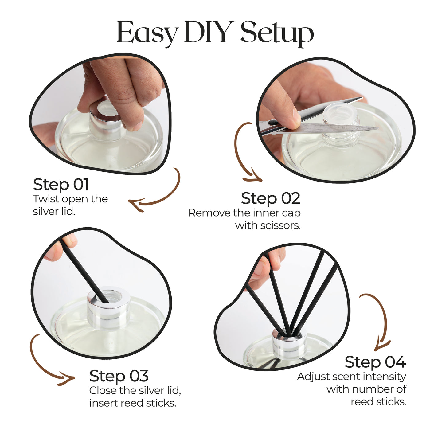 Step-by-step infographic on how to set up a Sweet Memoir reed diffuser, detailing opening the bottle, inserting the reeds, and adjusting for desired scent strength.