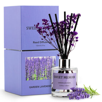 Sweet Memoir Garden Lavender Reed Diffuser with purple lavender flowers, 150ml clear glass bottle, and black reeds, presented in a matching purple box.