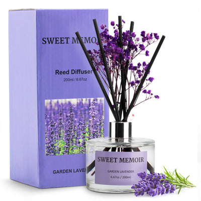 Sweet Memoir Garden Lavender 200ml reed diffuser with purple lavender sticks and packaging box.