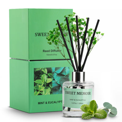 Sweet Memoir Mint & Eucalyptus Bliss Reed Diffuser 150ml with fresh green leaves and black reed sticks against a vibrant green box.