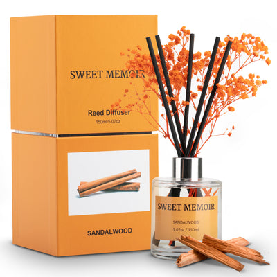 Sweet Memoir Sandalwood Reed Diffuser, 150ml bottle with black reeds and cinnamon-colored sandalwood sticks, in a complementary orange box.