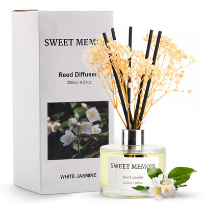 Elegant Sweet Memoir White Jasmine Reed Diffuser in a transparent bottle with delicate white jasmine flowers, presented in a clean white box.
